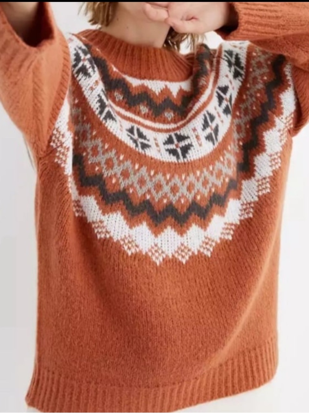 aerie Rust Fair Isle Yoke Crewneck Sweater small